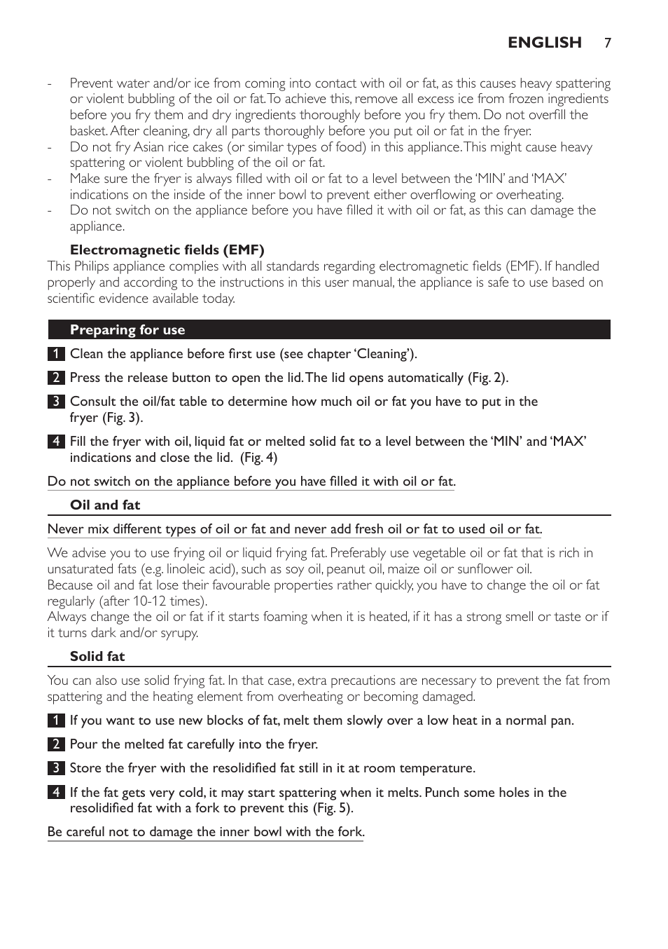 Electromagnetic fields (emf), Preparing for use, Oil and fat | Solid fat | Philips Friteuse User Manual | Page 7 / 76