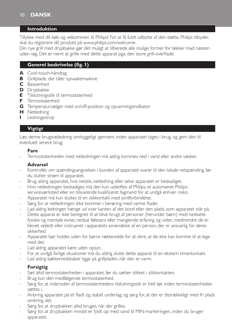 Fare, Advarsel, Forsigtig | Dansk, Introduktion, Generel beskrivelse (fig. 1), Vigtigt | Philips Gril de table User Manual | Page 10 / 88