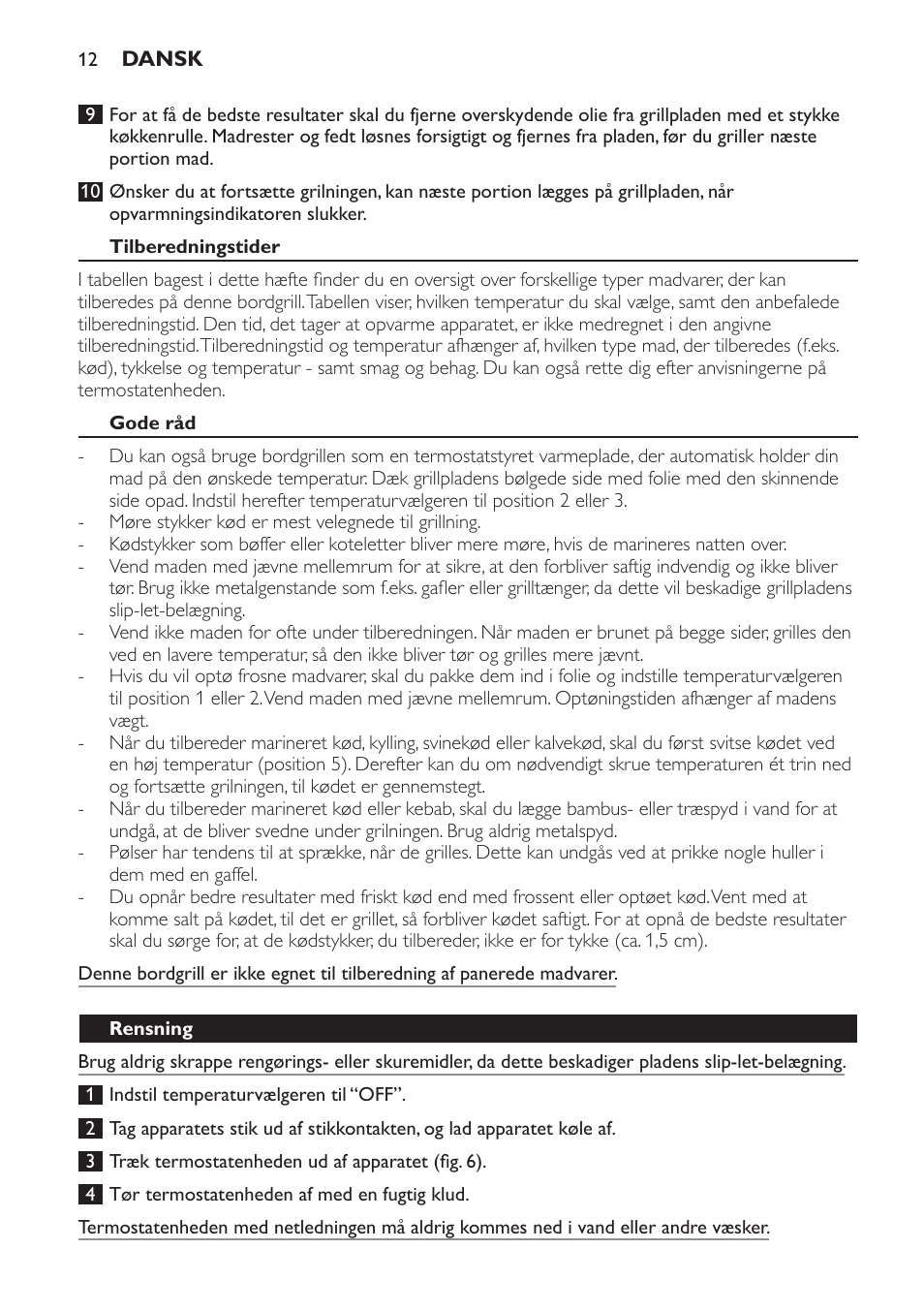Tilberedningstider, Gode råd, Rensning | Philips Gril de table User Manual | Page 12 / 88