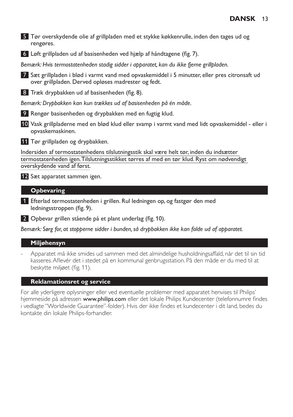 Opbevaring, Miljøhensyn, Reklamationsret og service | Tabel over madvarer (fig. 12) | Philips Gril de table User Manual | Page 13 / 88