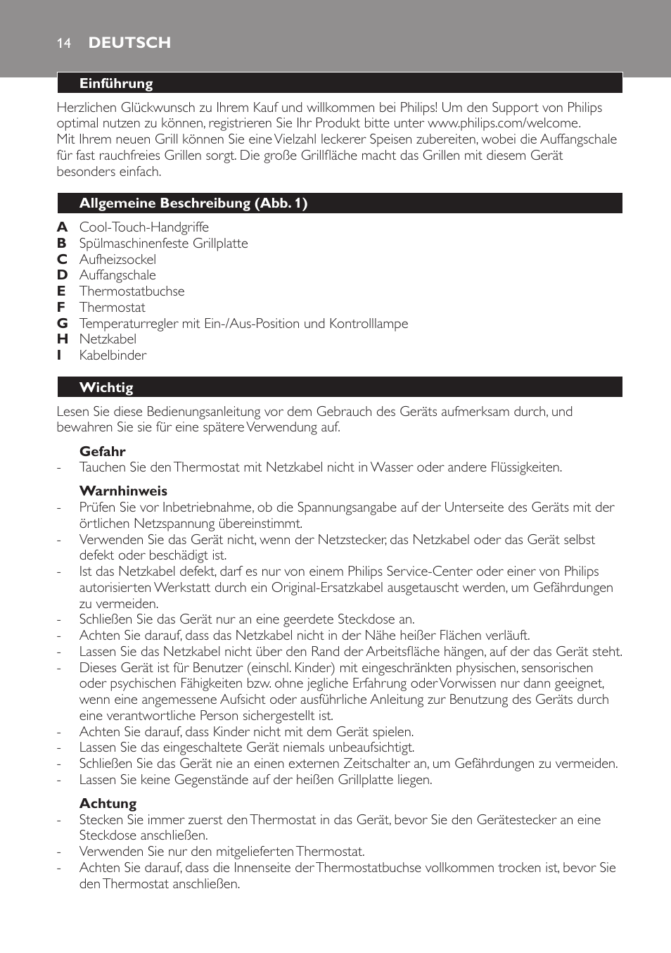 Gefahr, Warnhinweis, Achtung | Deutsch, Einführung, Allgemeine beschreibung (abb. 1), Wichtig | Philips Gril de table User Manual | Page 14 / 88