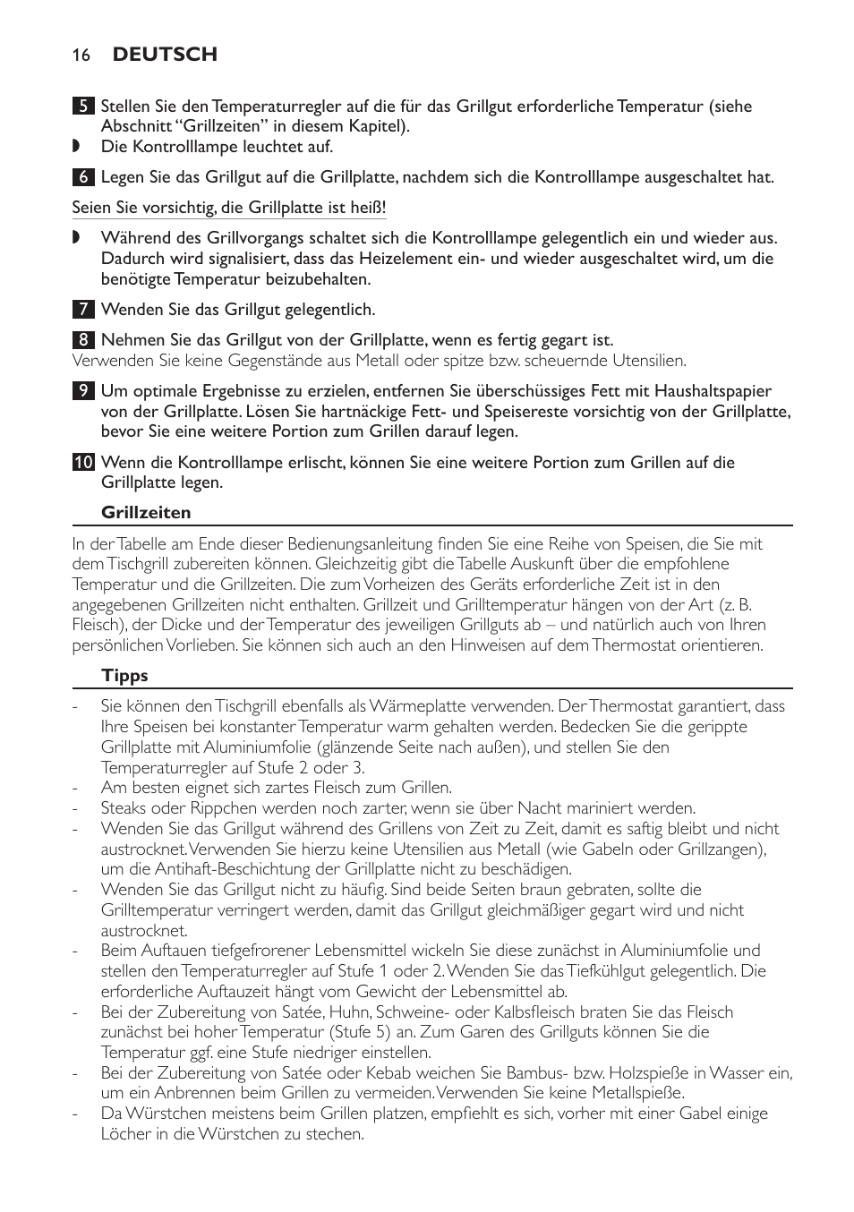 Grillzeiten, Tipps | Philips Gril de table User Manual | Page 16 / 88