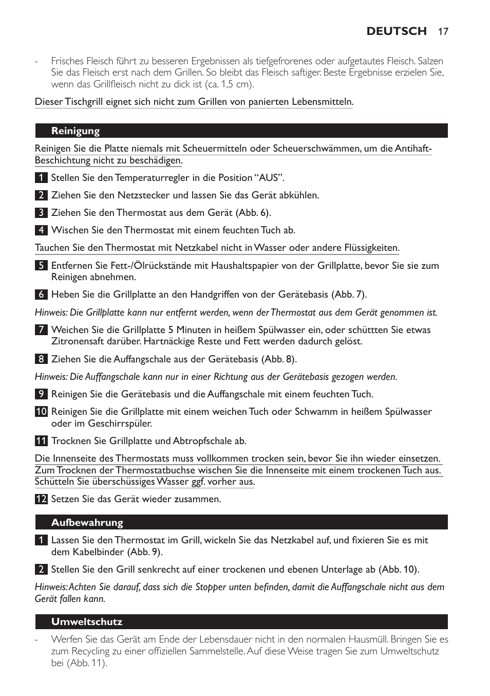 Reinigung, Aufbewahrung, Umweltschutz | Garantie und kundendienst | Philips Gril de table User Manual | Page 17 / 88