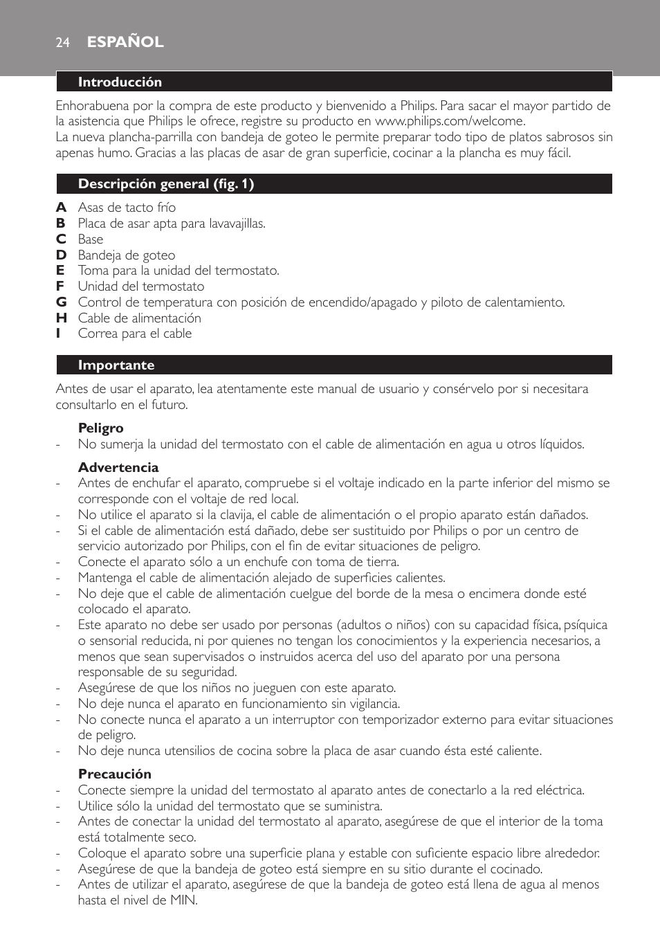 Peligro, Advertencia, Precaución | Español, Introducción, Descripción general (fig. 1), Importante | Philips Gril de table User Manual | Page 24 / 88