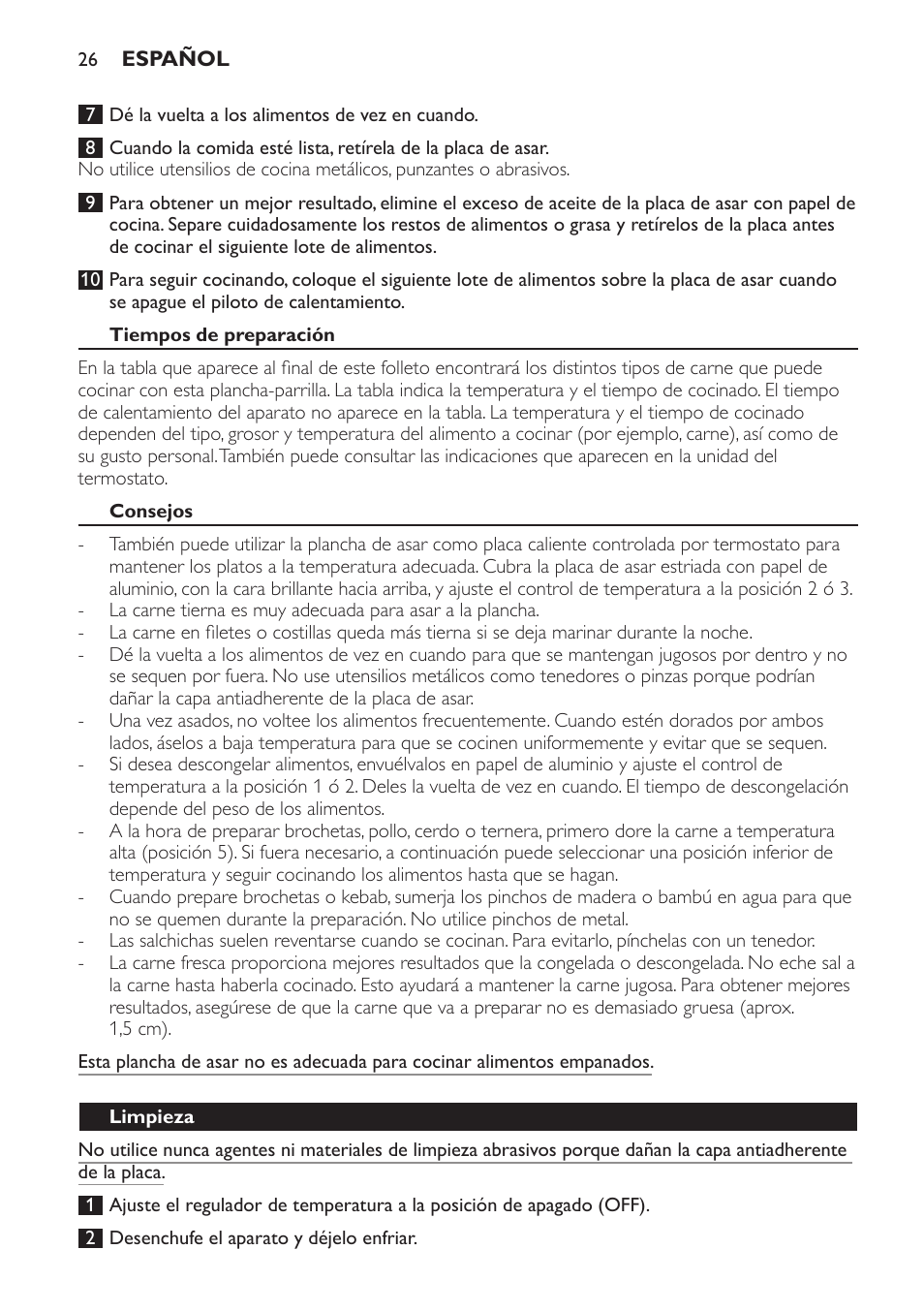 Tiempos de preparación, Consejos, Limpieza | Philips Gril de table User Manual | Page 26 / 88