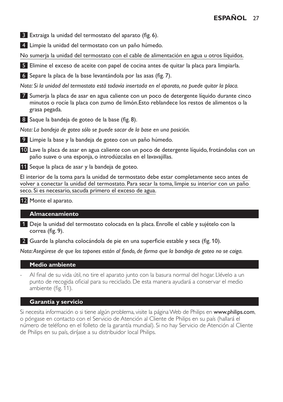 Almacenamiento, Medio ambiente, Garantía y servicio | Tabla de alimentos (fig. 12) | Philips Gril de table User Manual | Page 27 / 88