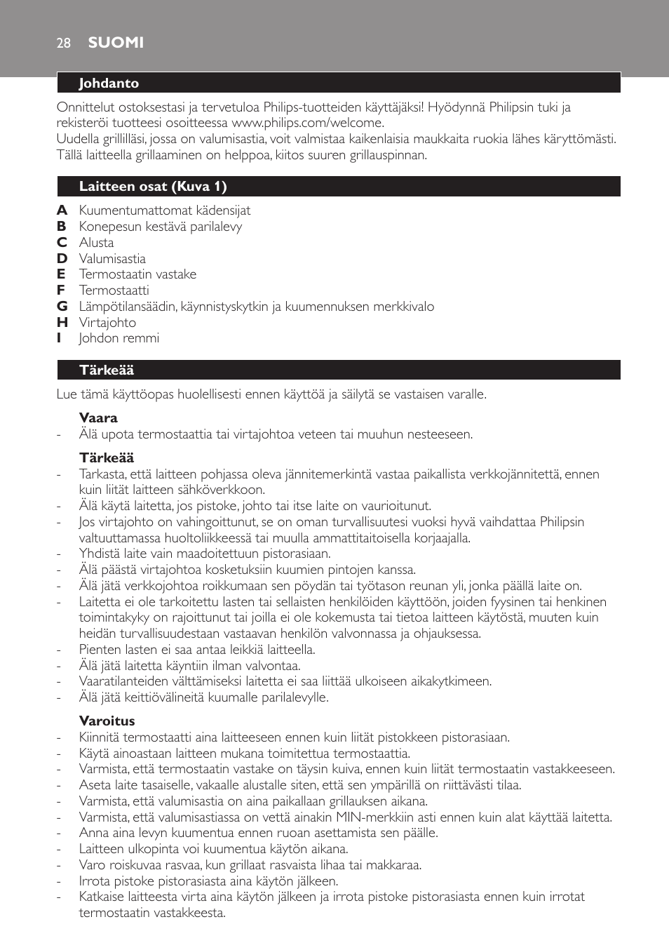 Vaara, Tärkeää, Varoitus | Suomi, Johdanto, Laitteen osat (kuva 1) | Philips Gril de table User Manual | Page 28 / 88