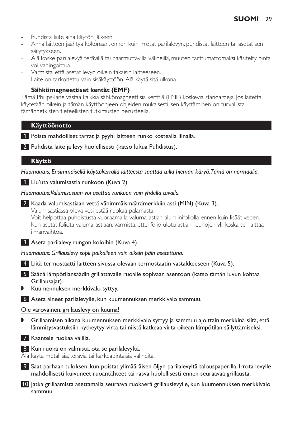 Sähkömagneettiset kentät (emf), Käyttöönotto, Käyttö | Philips Gril de table User Manual | Page 29 / 88