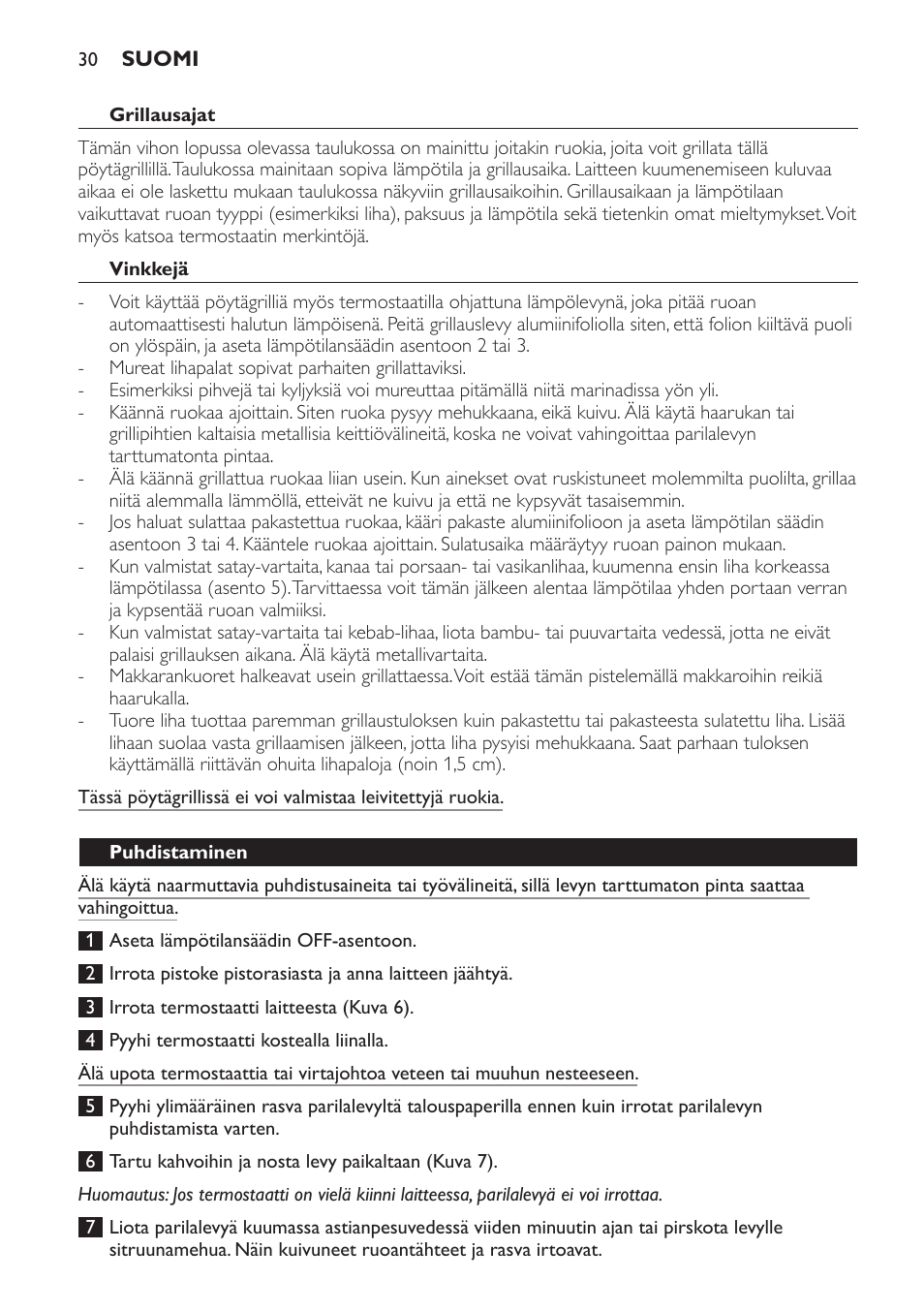 Grillausajat, Vinkkejä, Puhdistaminen | Philips Gril de table User Manual | Page 30 / 88