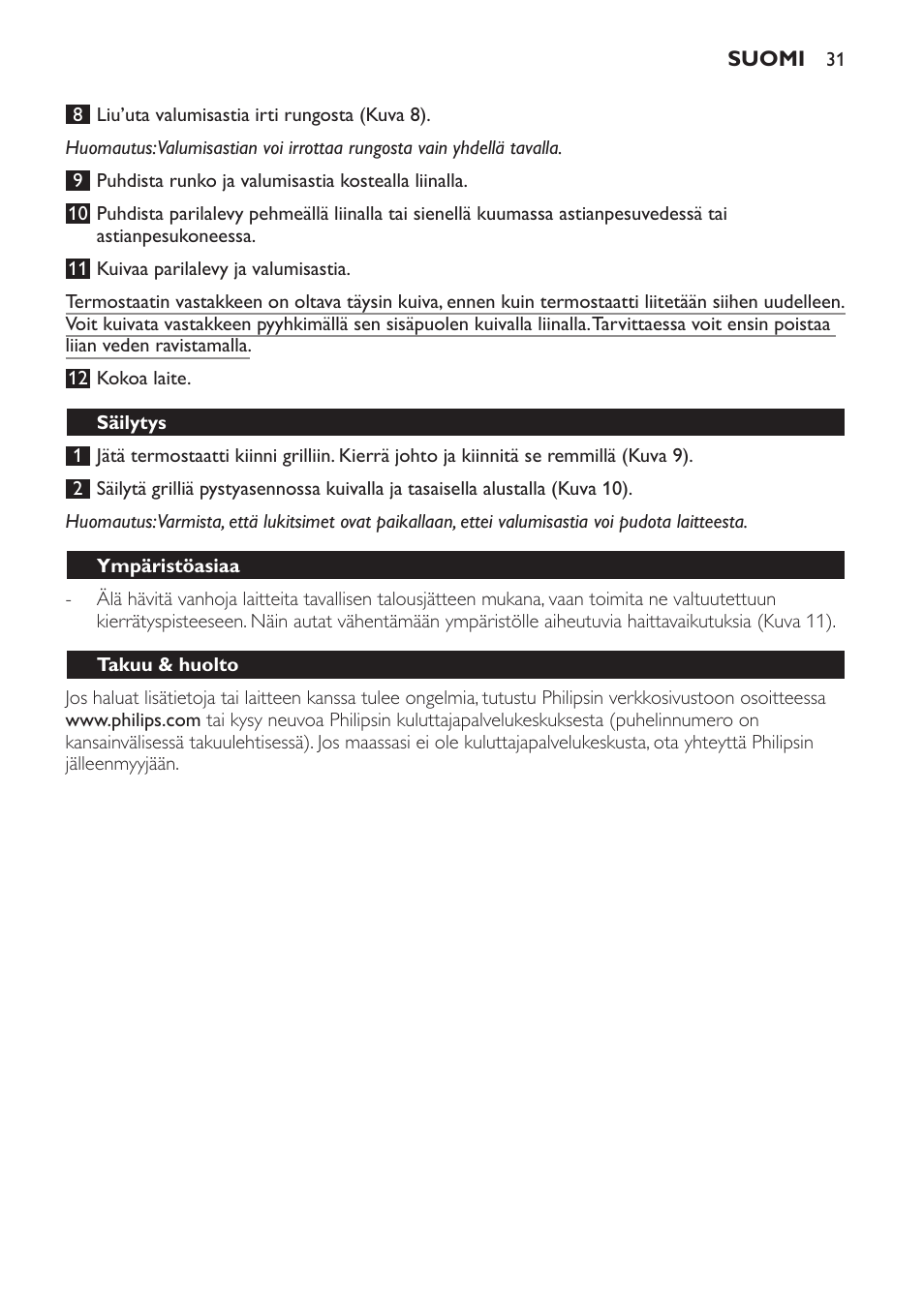 Säilytys, Ympäristöasiaa, Takuu & huolto | Ruokataulukko (kuva 12) | Philips Gril de table User Manual | Page 31 / 88