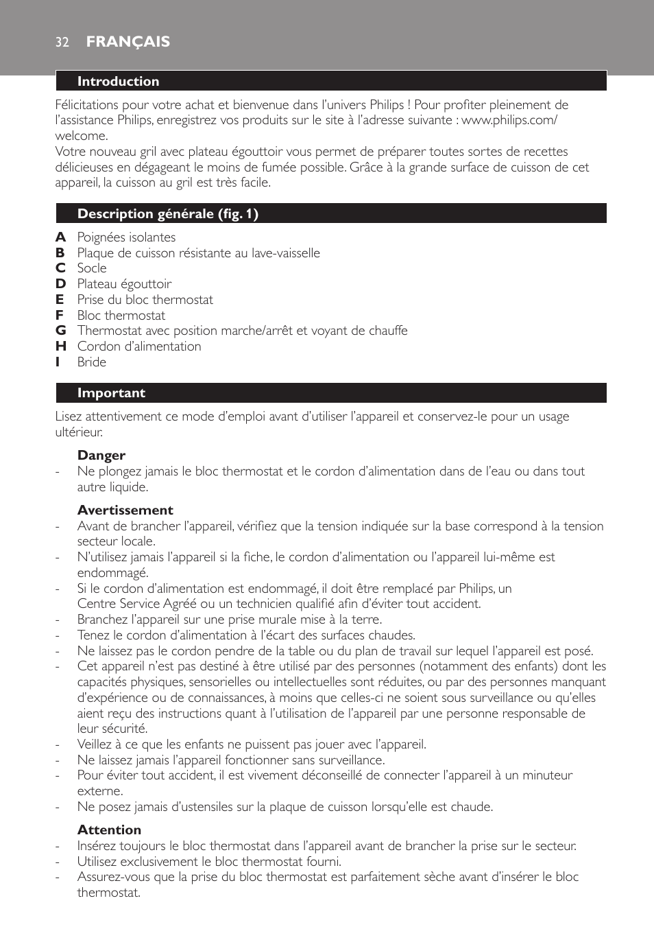 Danger, Avertissement, Attention | Français, Introduction, Description générale (fig. 1), Important | Philips Gril de table User Manual | Page 32 / 88