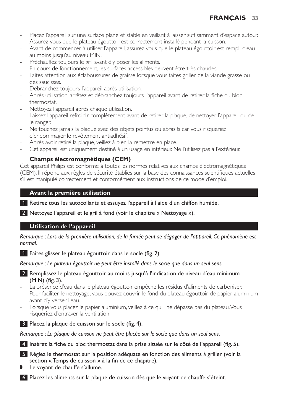 Champs électromagnétiques (cem), Avant la première utilisation, Utilisation de l’appareil | Philips Gril de table User Manual | Page 33 / 88