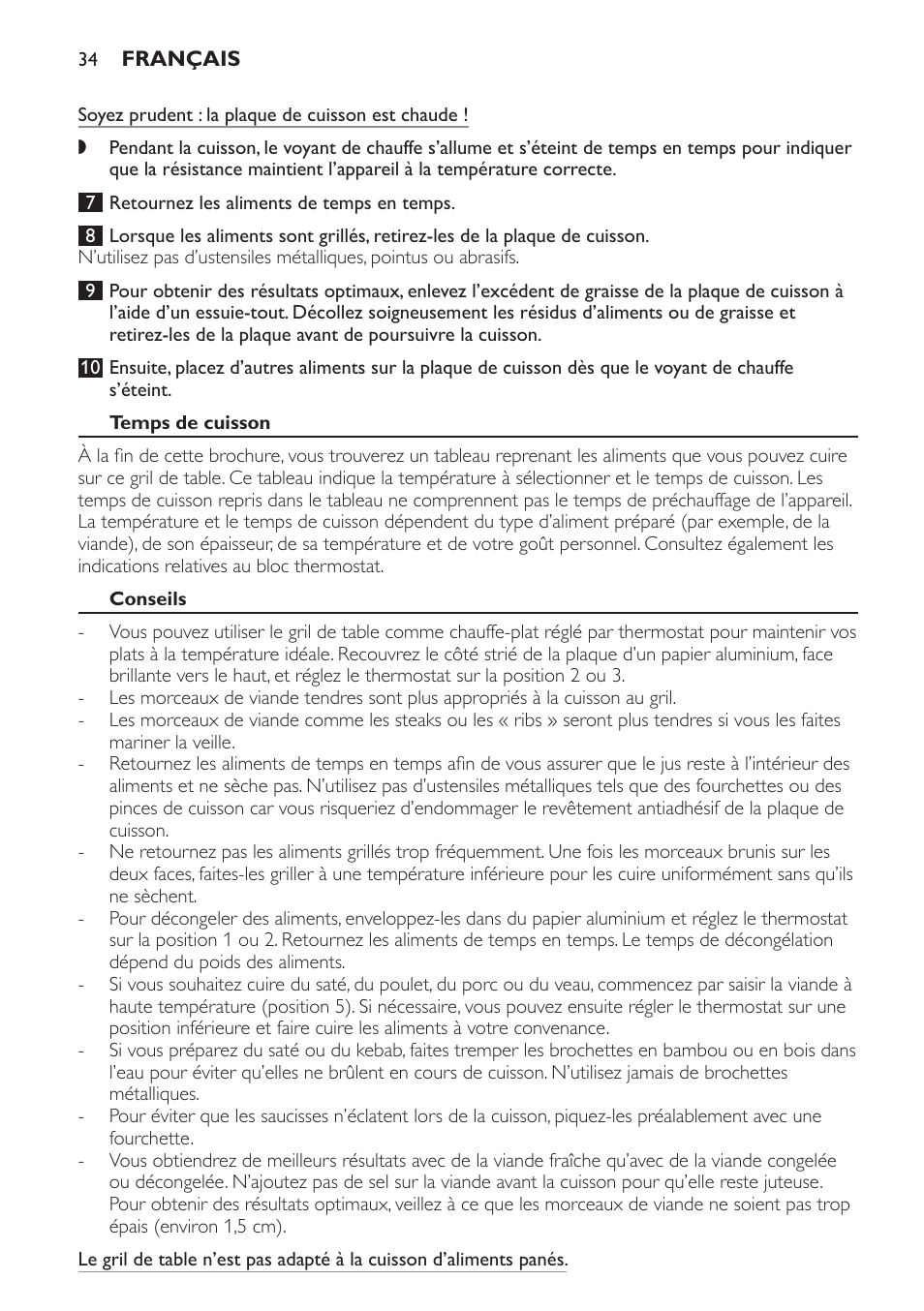 Temps de cuisson, Conseils | Philips Gril de table User Manual | Page 34 / 88
