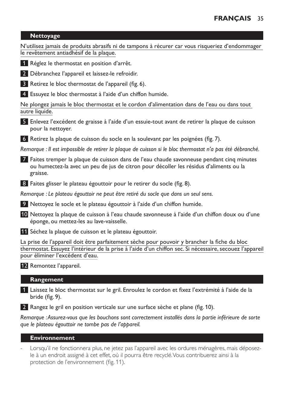 Nettoyage, Rangement, Environnement | Garantie et service | Philips Gril de table User Manual | Page 35 / 88