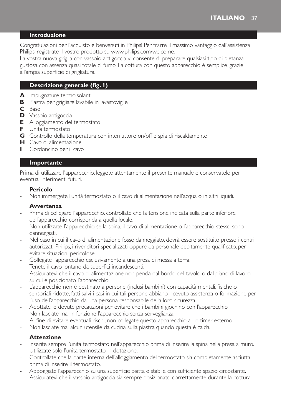 Pericolo, Avvertenza, Attenzione | Italiano, Introduzione, Descrizione generale (fig. 1), Importante | Philips Gril de table User Manual | Page 37 / 88