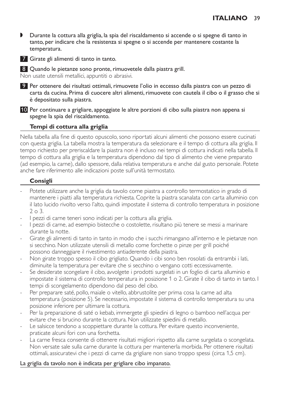 Tempi di cottura alla griglia, Consigli | Philips Gril de table User Manual | Page 39 / 88