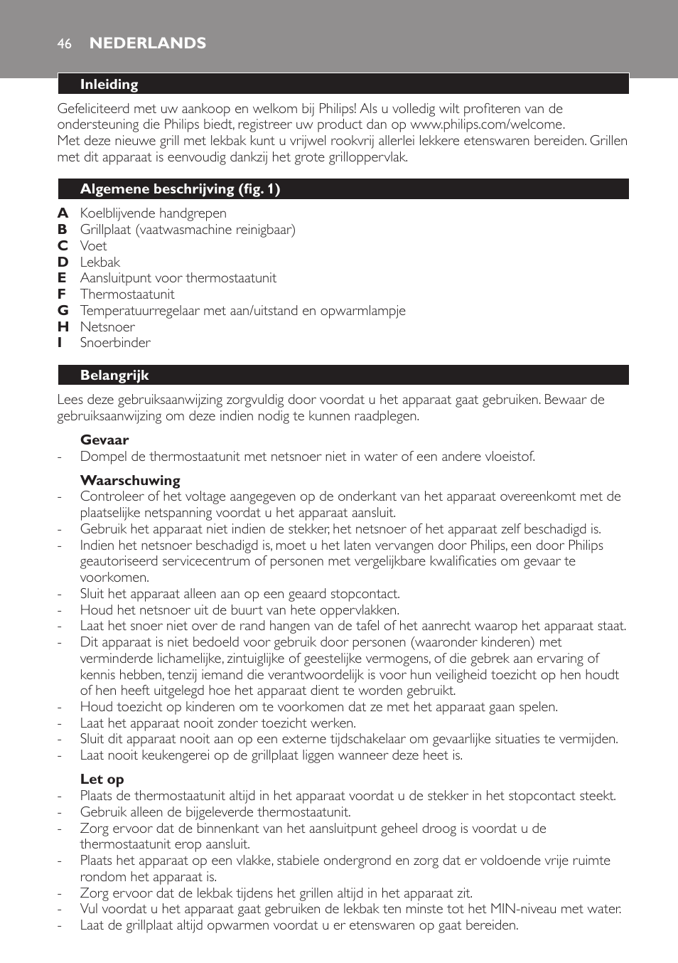 Gevaar, Waarschuwing, Let op | Nederlands, Inleiding, Algemene beschrijving (fig. 1), Belangrijk | Philips Gril de table User Manual | Page 46 / 88