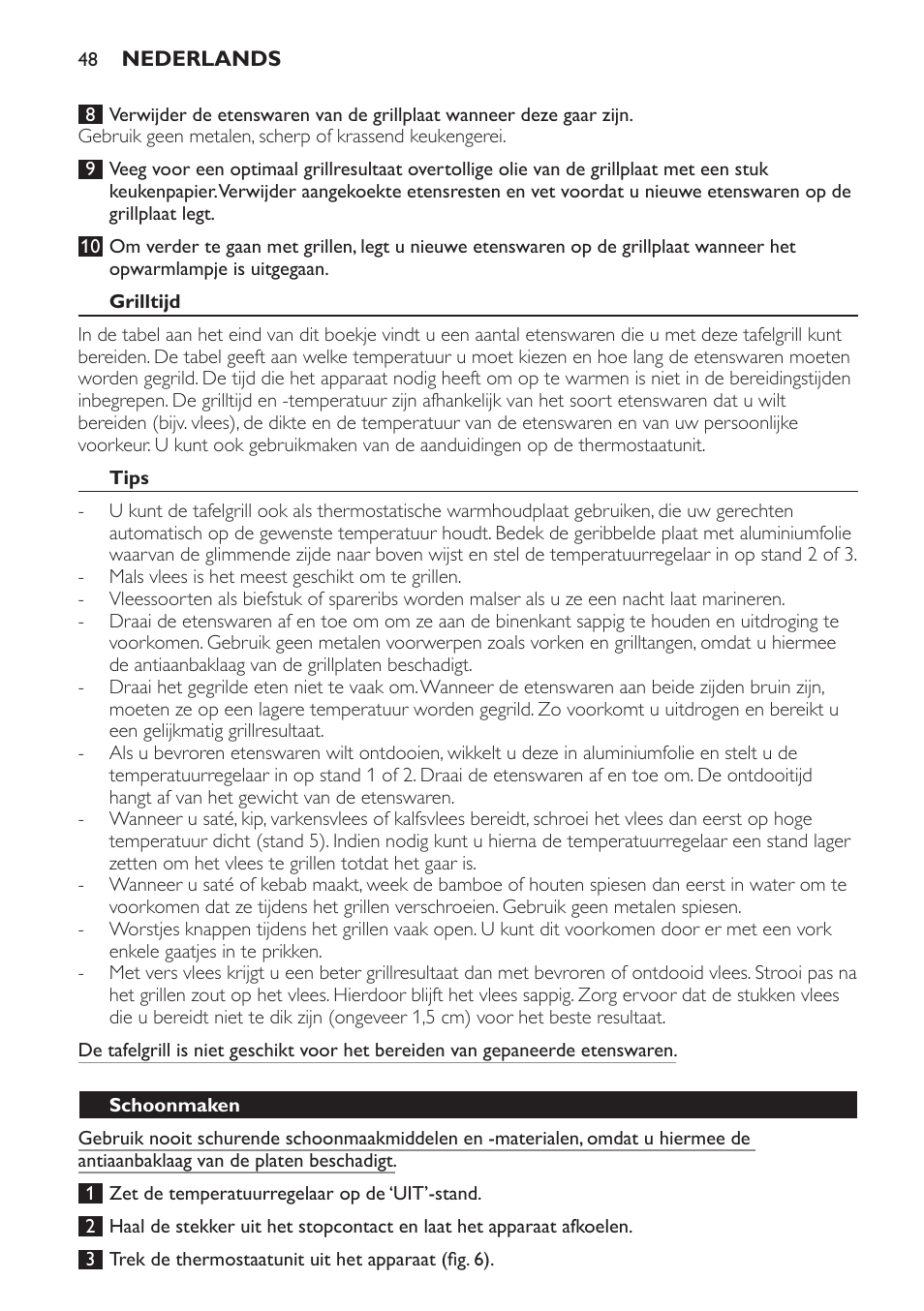 Grilltijd, Tips, Schoonmaken | Philips Gril de table User Manual | Page 48 / 88