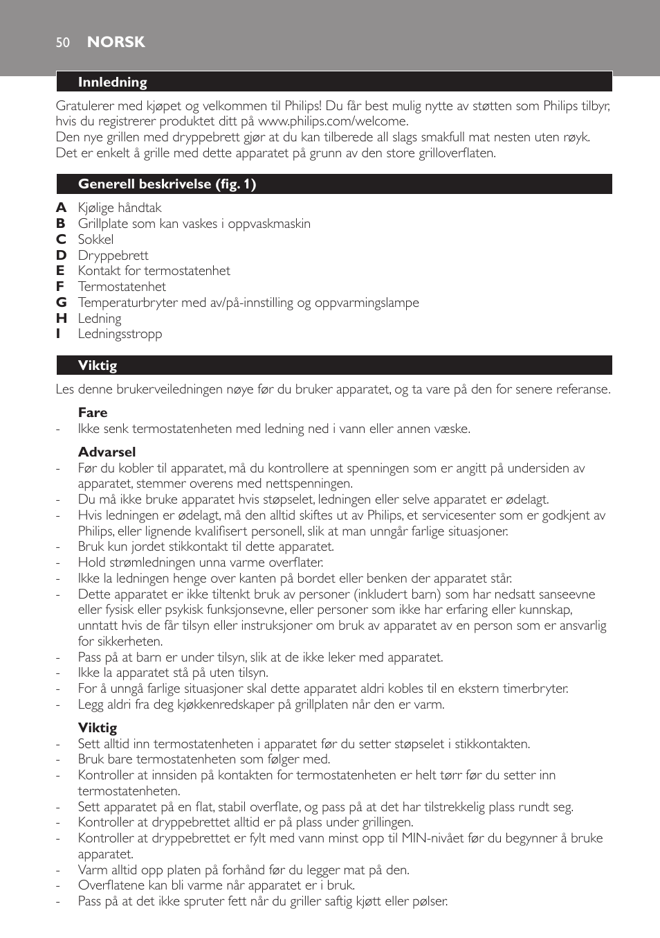 Fare, Advarsel, Viktig | Norsk, Innledning, Generell beskrivelse (fig. 1) | Philips Gril de table User Manual | Page 50 / 88