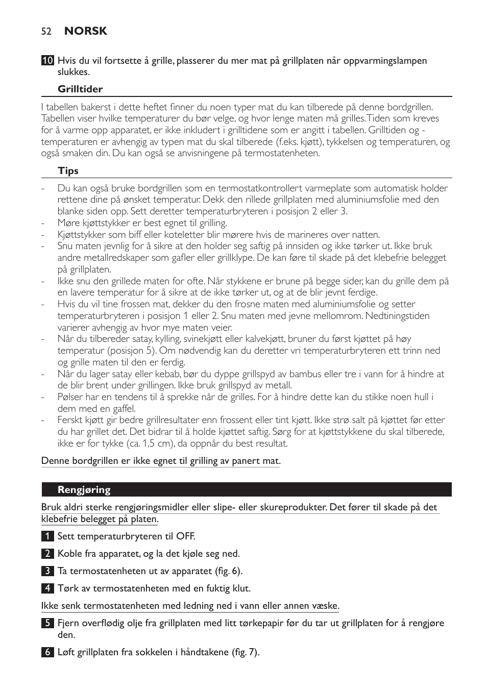Grilltider, Tips, Rengjøring | Philips Gril de table User Manual | Page 52 / 88
