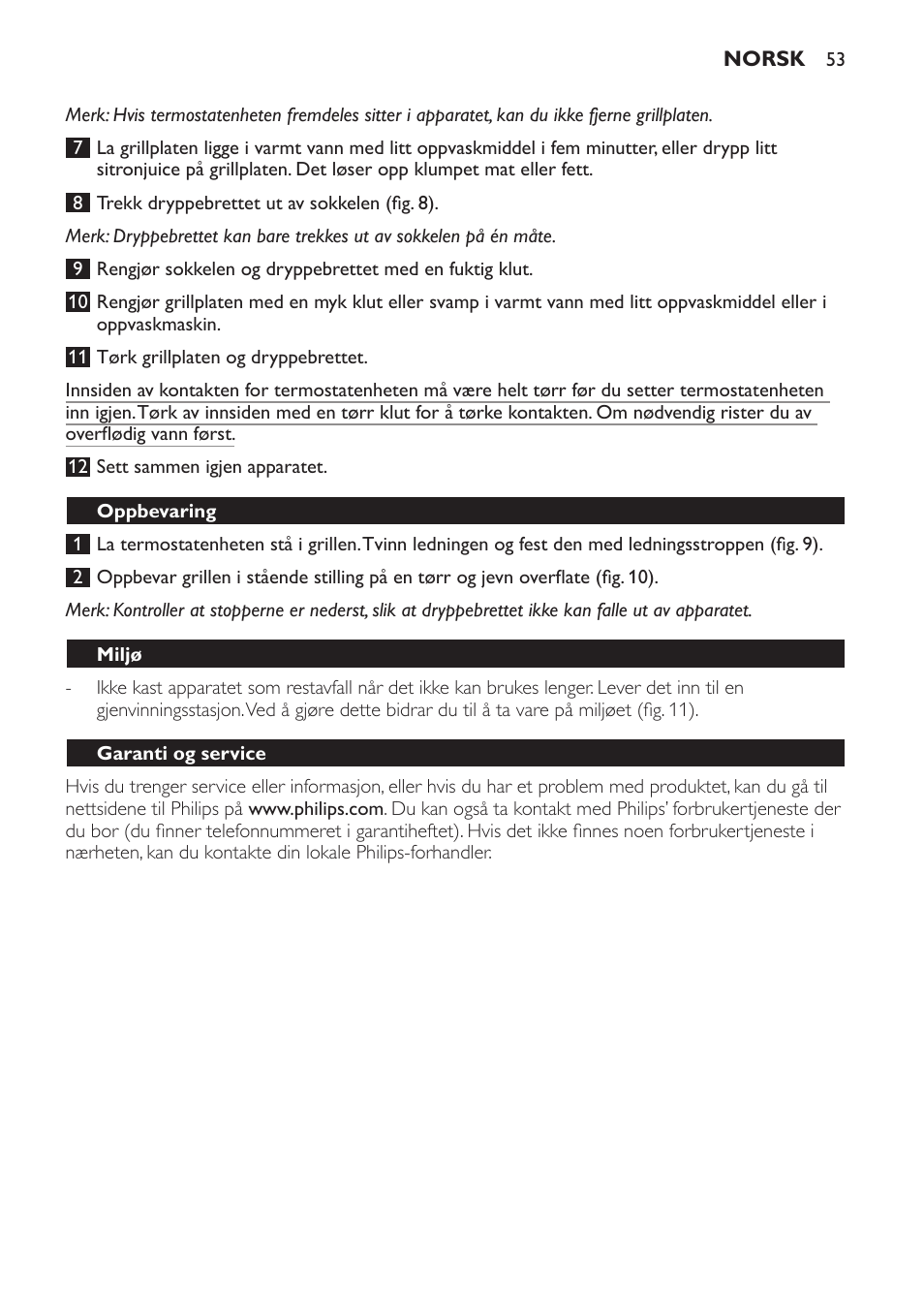 Oppbevaring, Miljø, Garanti og service | Matvaretabell (fig. 12) | Philips Gril de table User Manual | Page 53 / 88