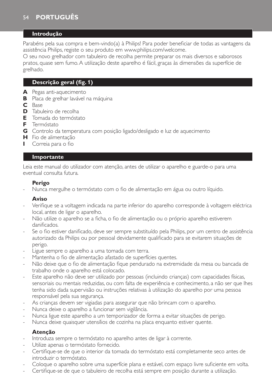 Perigo, Aviso, Atenção | Português, Introdução, Descrição geral (fig. 1), Importante | Philips Gril de table User Manual | Page 54 / 88