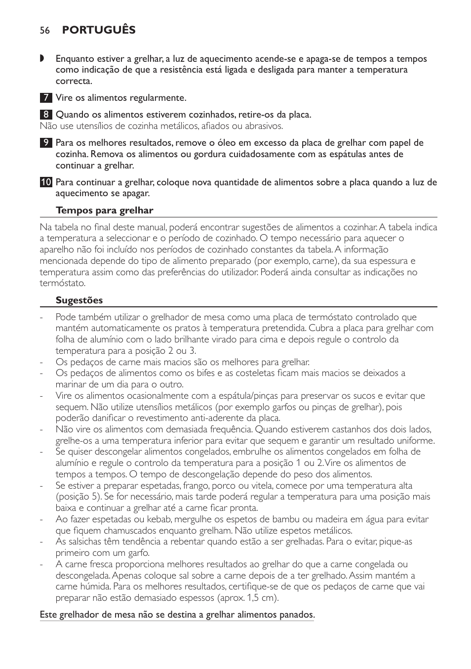 Tempos para grelhar, Sugestões | Philips Gril de table User Manual | Page 56 / 88