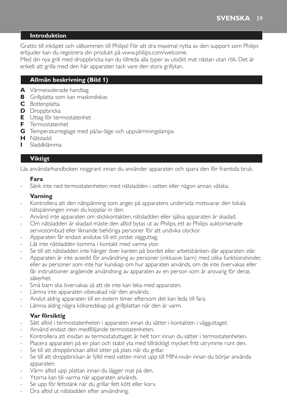 Fara, Varning, Var försiktig | Svenska, Introduktion, Allmän beskrivning (bild 1), Viktigt | Philips Gril de table User Manual | Page 59 / 88