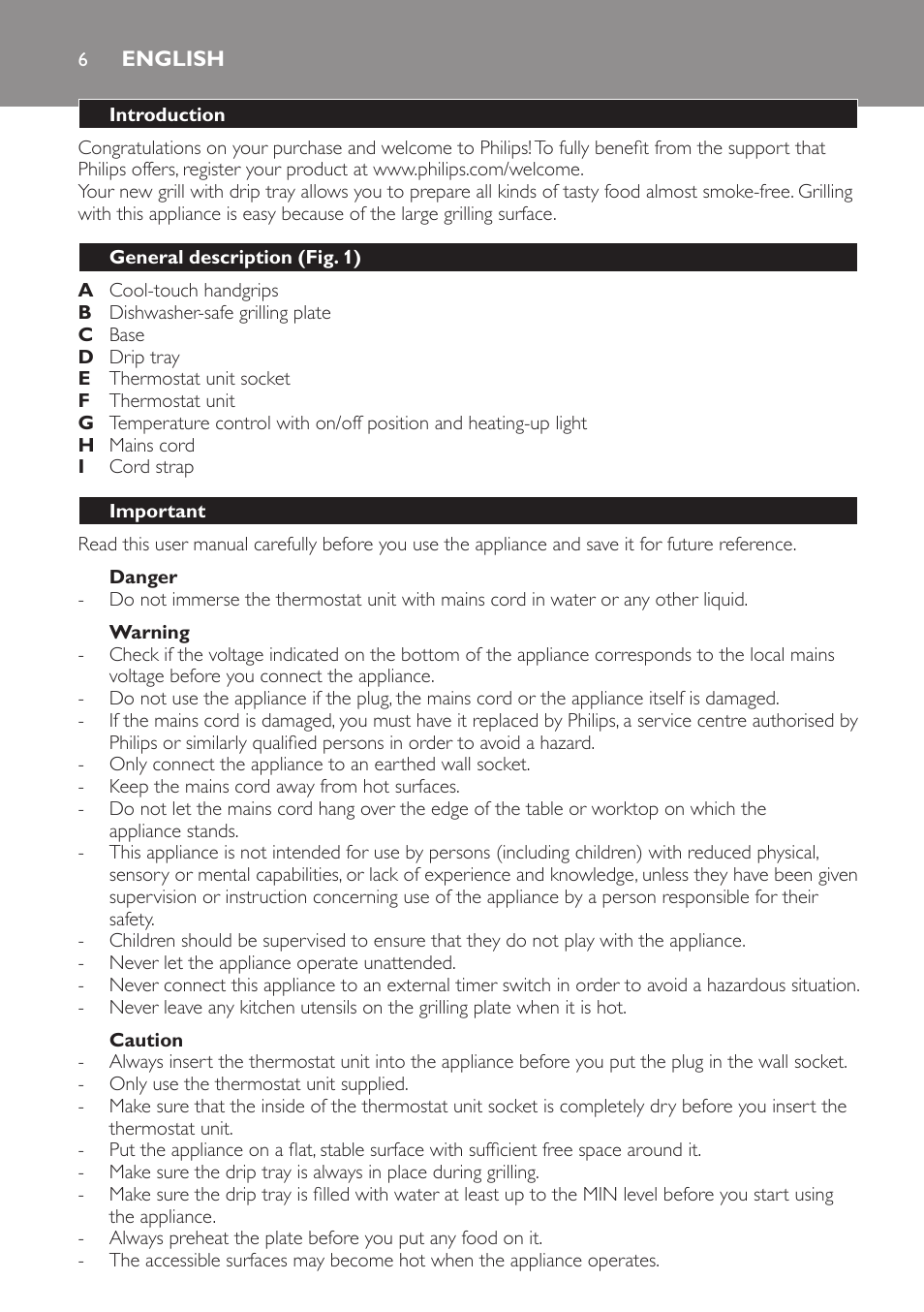 English, Introduction, General description (fig. 1) | Important, Danger, Warning, Caution | Philips Gril de table User Manual | Page 6 / 88