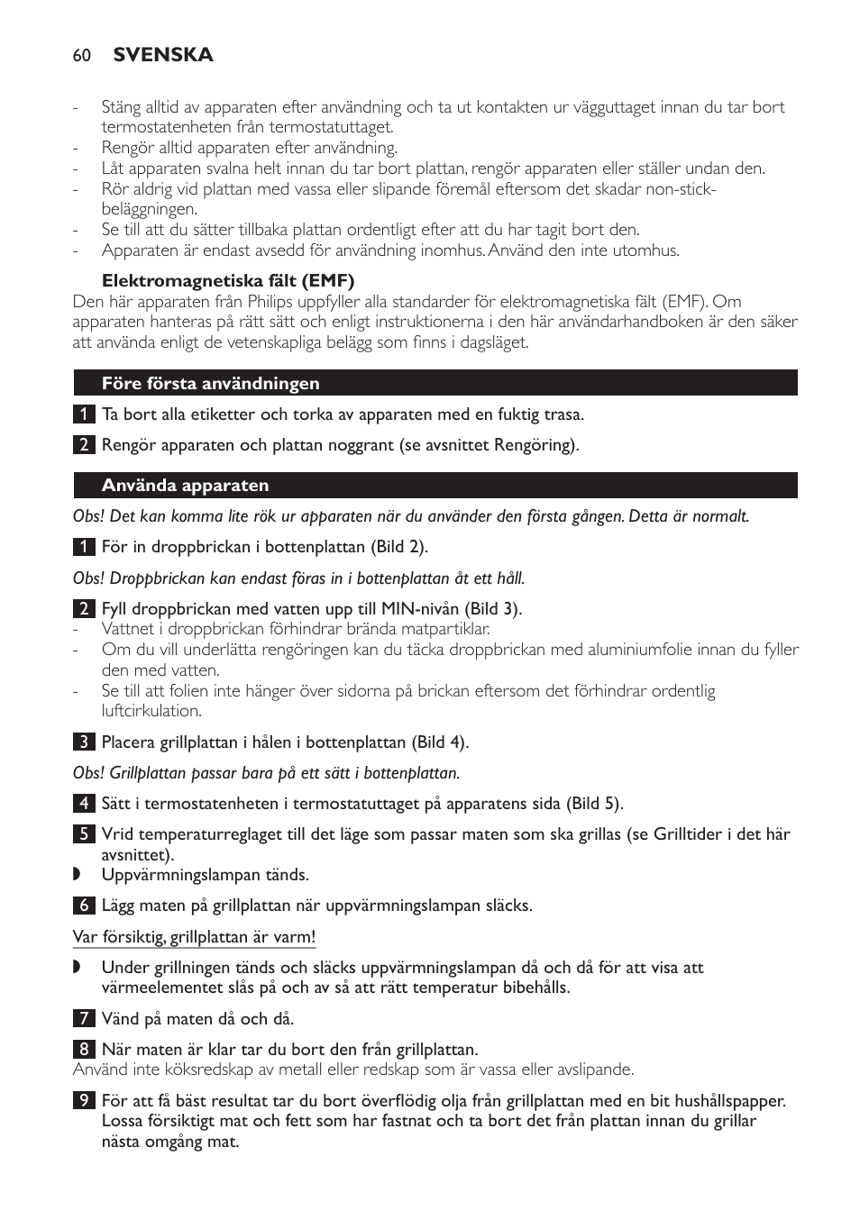 Elektromagnetiska fält (emf), Före första användningen, Använda apparaten | Philips Gril de table User Manual | Page 60 / 88