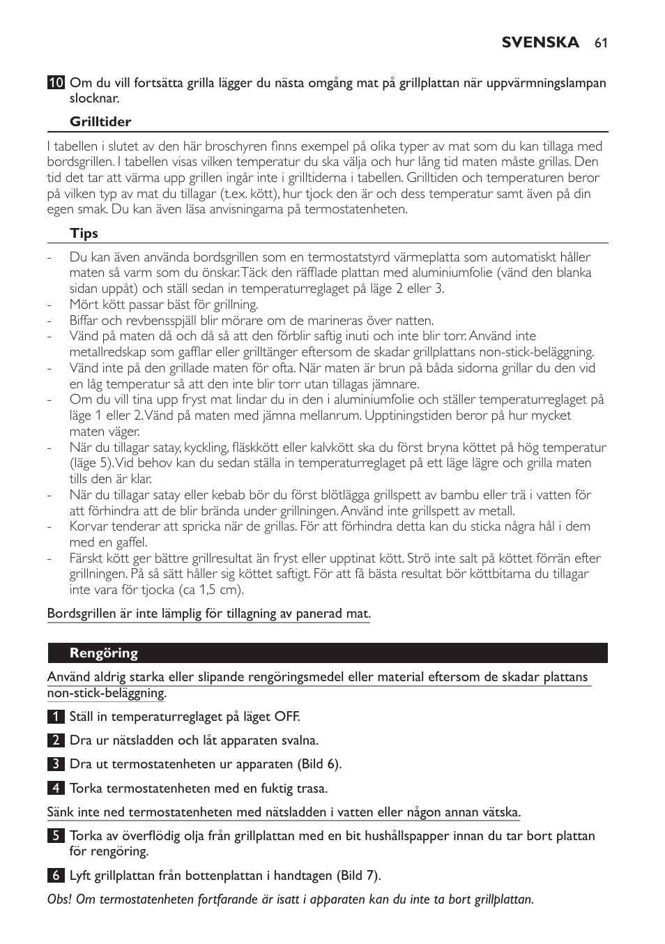 Grilltider, Tips, Rengöring | Philips Gril de table User Manual | Page 61 / 88