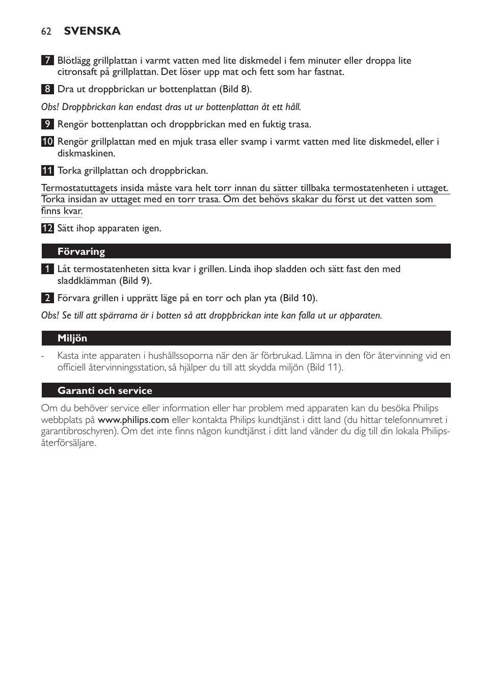 Förvaring, Miljön, Garanti och service | Mattabell (bild 12) | Philips Gril de table User Manual | Page 62 / 88