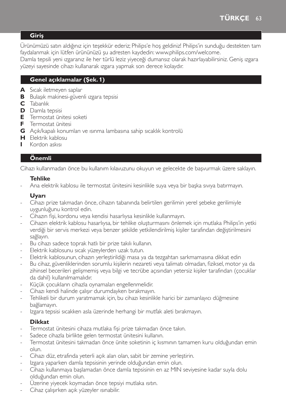 Tehlike, Uyarı, Dikkat | Türkçe, Giriş, Genel açıklamalar (şek. 1), Önemli | Philips Gril de table User Manual | Page 63 / 88