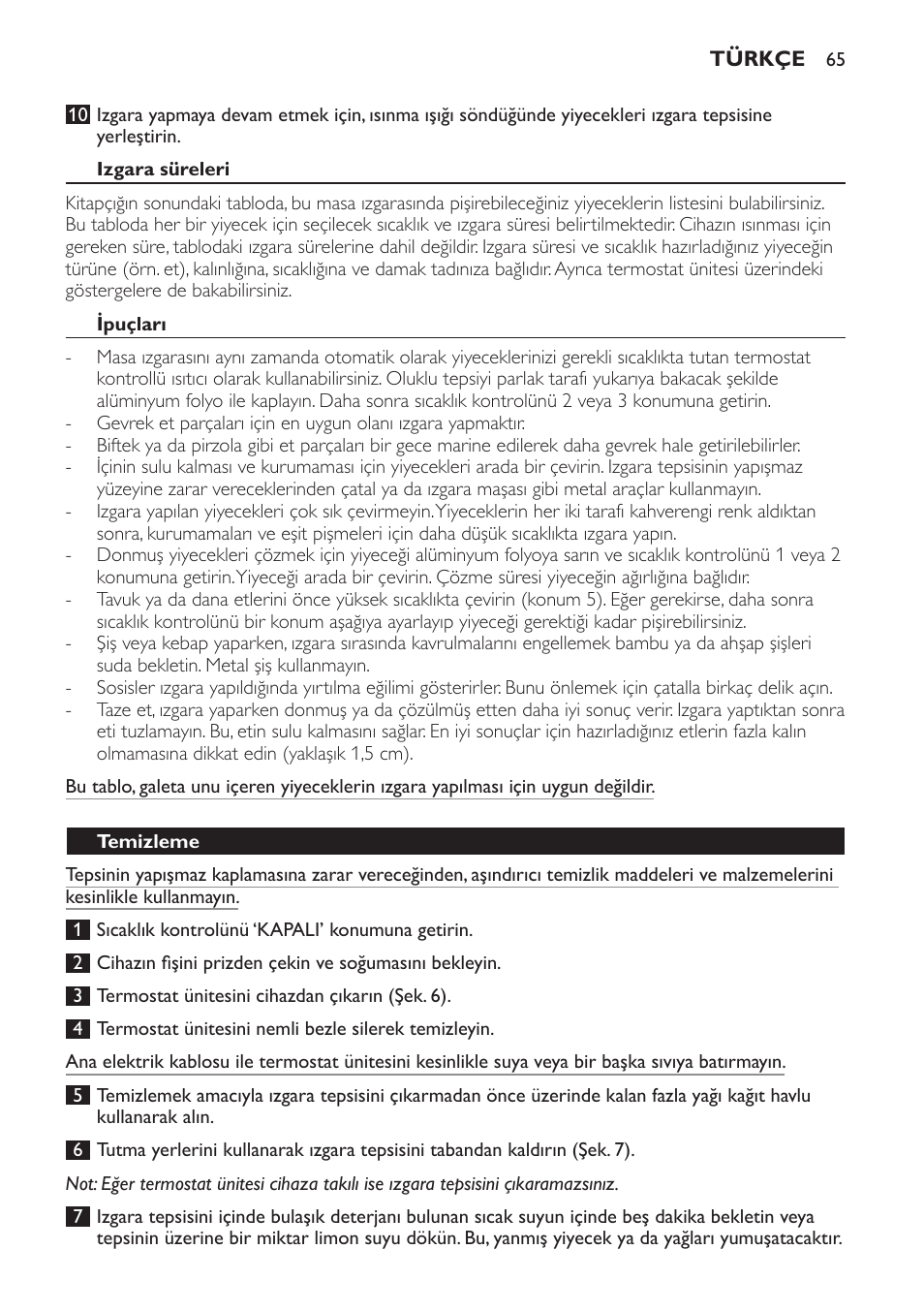 Izgara süreleri, Ipuçları, Temizleme | Philips Gril de table User Manual | Page 65 / 88