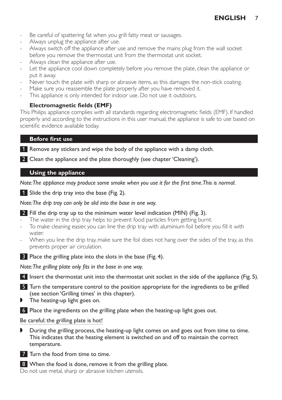 Electromagnetic fields (emf), Before first use, Using the appliance | Philips Gril de table User Manual | Page 7 / 88