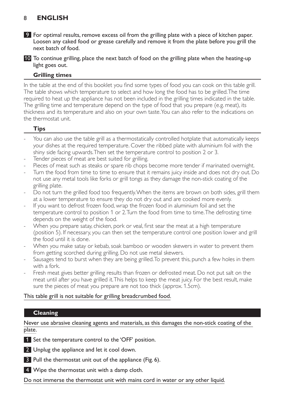 Grilling times, Tips, Cleaning | Philips Gril de table User Manual | Page 8 / 88