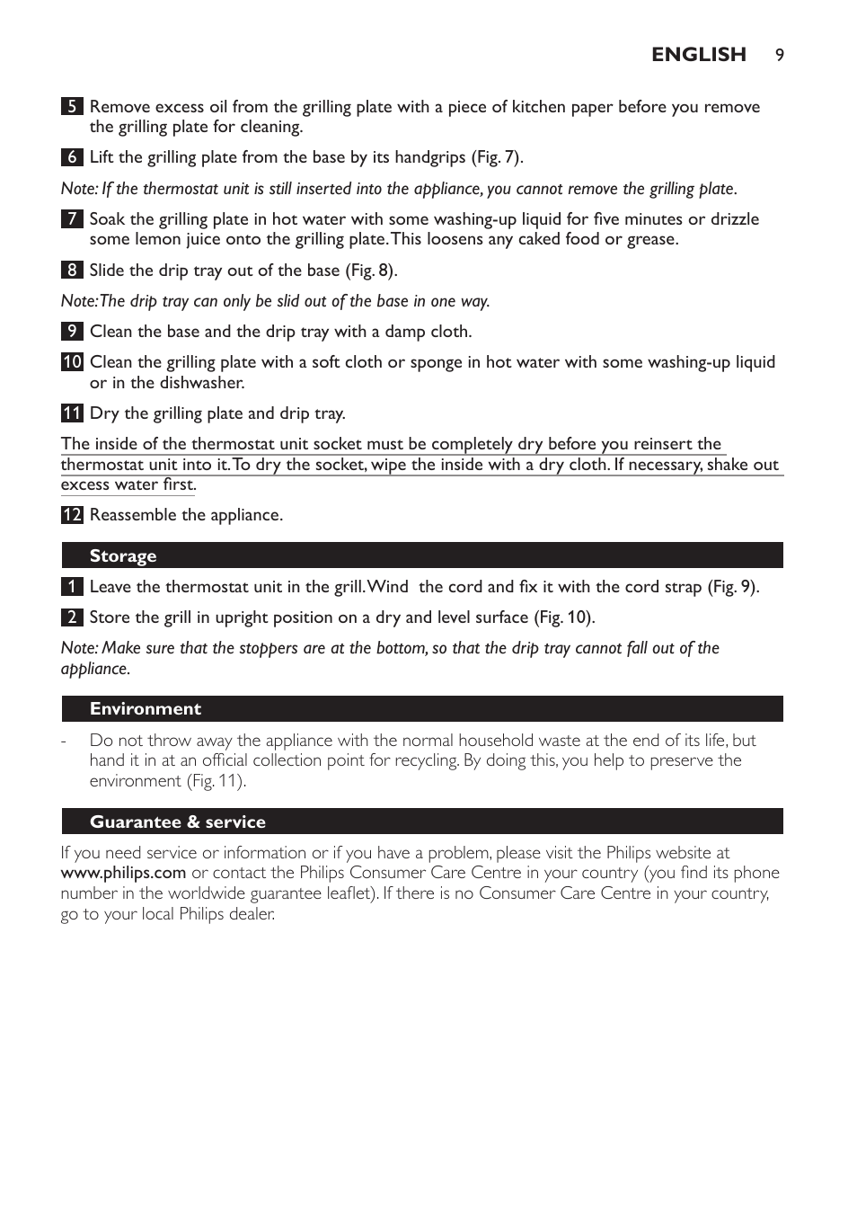 Storage, Environment, Guarantee & service | Food table (fig. 12) | Philips Gril de table User Manual | Page 9 / 88