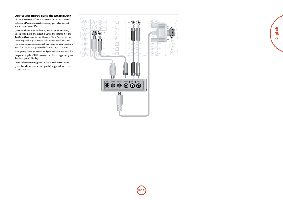 English, E-13, Connecting an ipod using the arcam rdock | Arcam AVR surround amplifier / AV processor AVR600 User Manual | Page 15 / 74