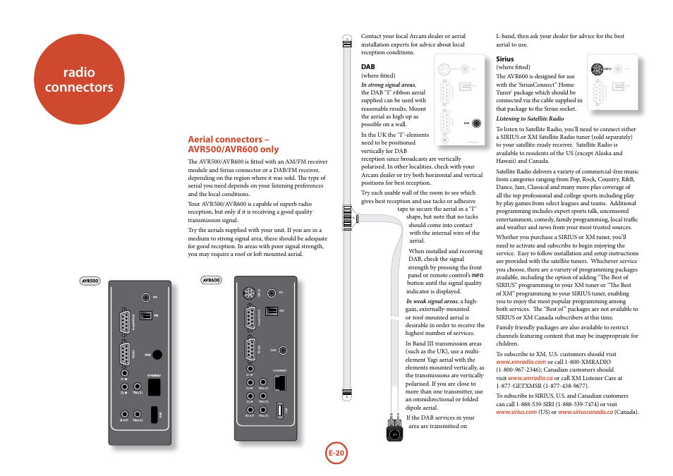 Radio connectors, E-20 | Arcam AVR surround amplifier / AV processor AVR600 User Manual | Page 22 / 74