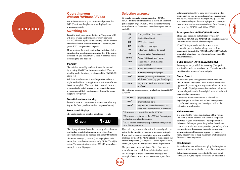 Operation, Switching on, Selecting a source | Arcam AVR surround amplifier / AV processor AVR600 User Manual | Page 27 / 74