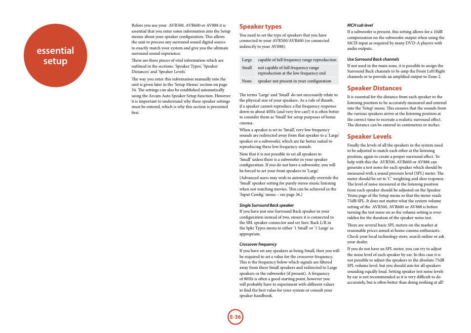 Essential setup, Speaker types, Speaker distances | Speaker levels | Arcam AVR surround amplifier / AV processor AVR600 User Manual | Page 38 / 74