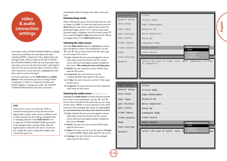 Video & audio connection settings, English | Arcam AVR surround amplifier / AV processor AVR600 User Manual | Page 41 / 74