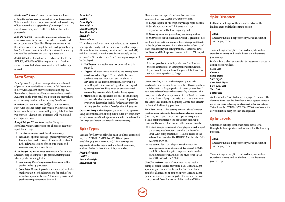 Auto setup, Spkr types, Spkr distance | Spkr levels | Arcam AVR surround amplifier / AV processor AVR600 User Manual | Page 44 / 74
