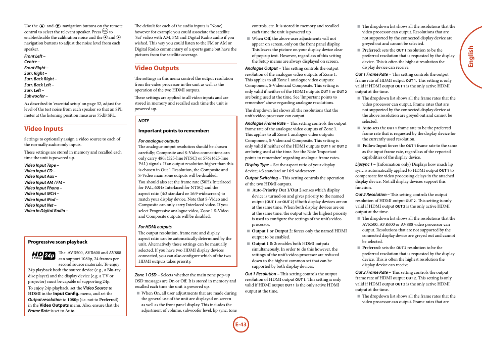 English, Video inputs, Video outputs | Arcam AVR surround amplifier / AV processor AVR600 User Manual | Page 45 / 74