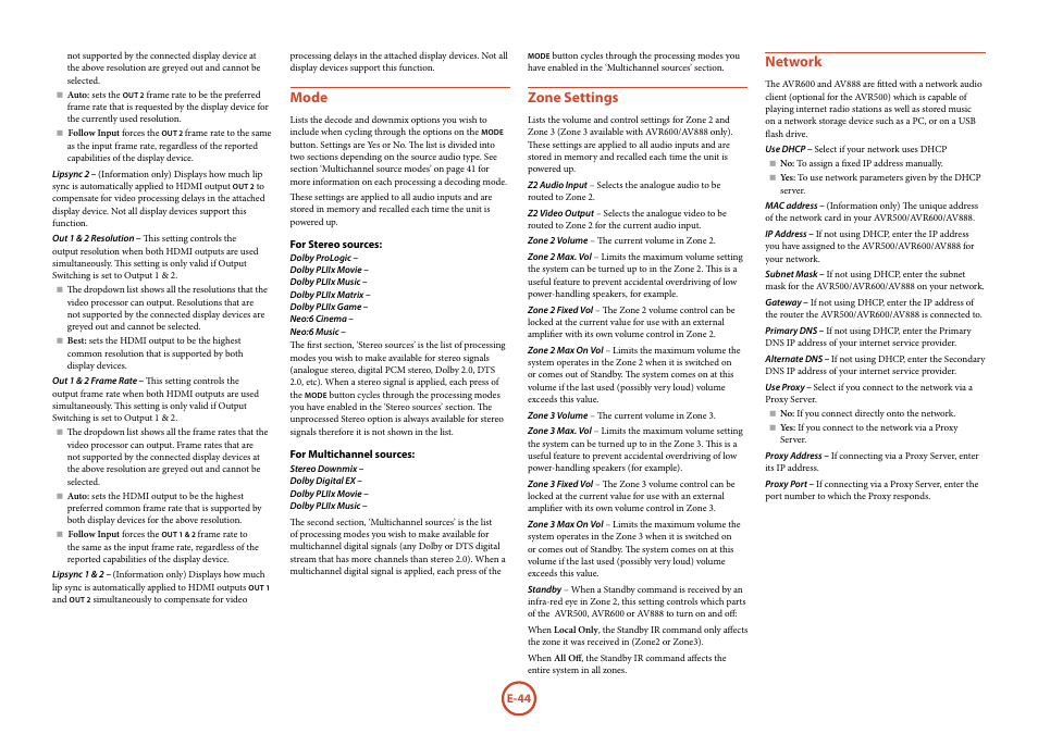 Mode, Zone settings, Network | Arcam AVR surround amplifier / AV processor AVR600 User Manual | Page 46 / 74