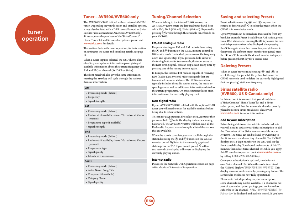 Tuner operation, Tuning/channel selection, Saving and selecting presets | Deleting presets, Sirius satellite radio (avr600, us & canada only) | Arcam AVR surround amplifier / AV processor AVR600 User Manual | Page 52 / 74