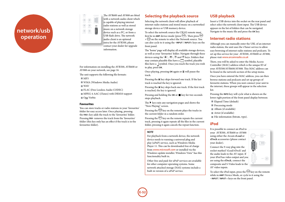 Network/usb operation, Selecting the playback source, Usb playback | Internet radio stations, Ipod | Arcam AVR surround amplifier / AV processor AVR600 User Manual | Page 54 / 74