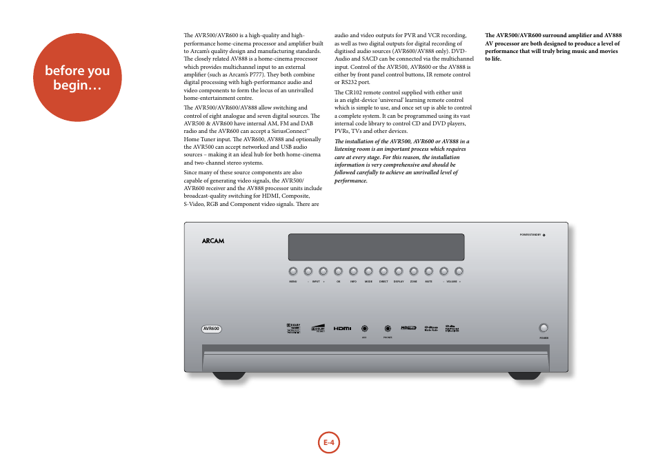 Before you begin | Arcam AVR surround amplifier / AV processor AVR600 User Manual | Page 6 / 74