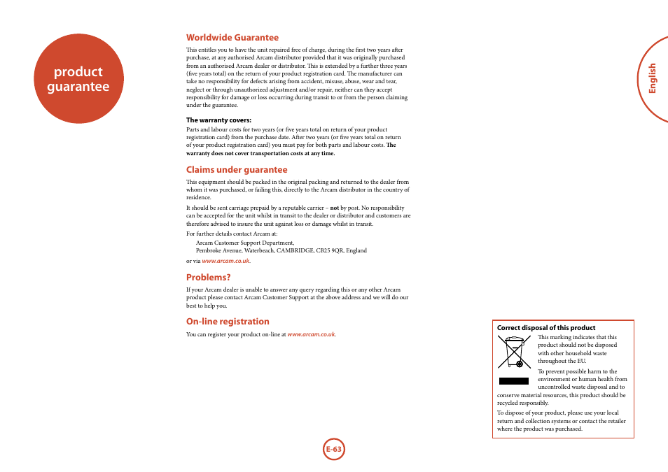 Product guarantee | Arcam AVR surround amplifier / AV processor AVR600 User Manual | Page 65 / 74