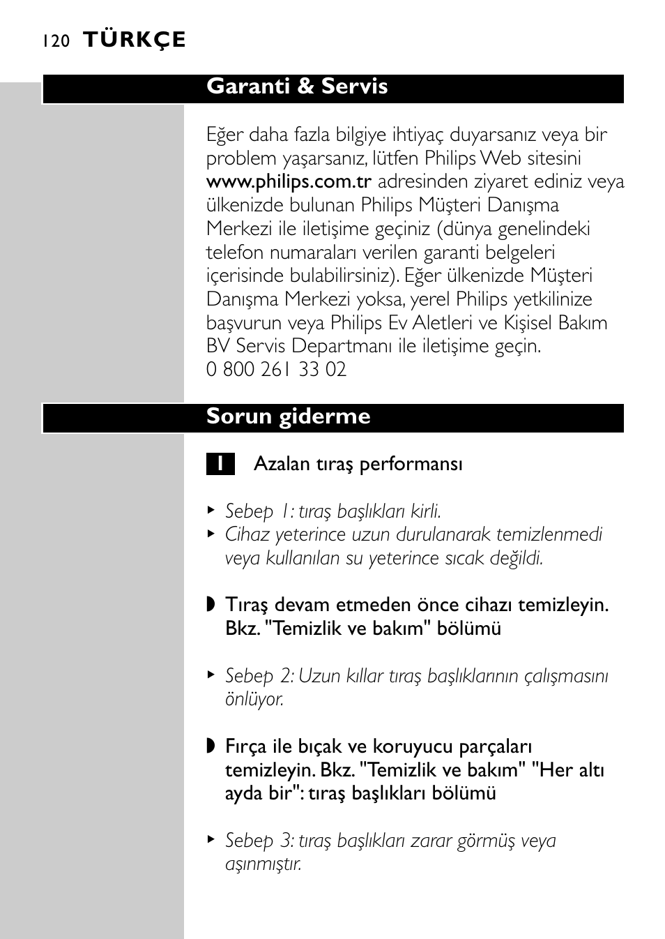 Garanti & servis, Sorun giderme, Türkçe | Philips Rasoir électrique User Manual | Page 118 / 120